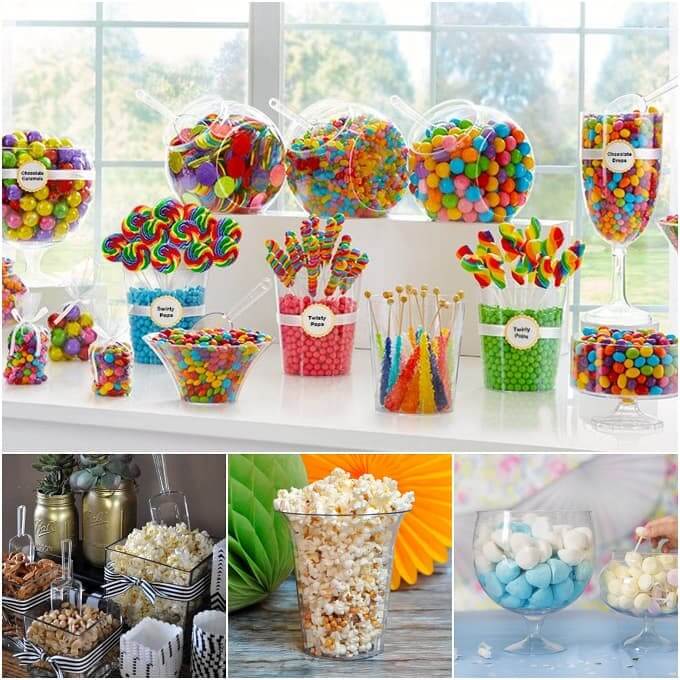 Montaje de Candy Bar con boles de plástico duro reutilizable tipo copa y campana