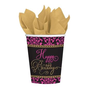 Picture of Vasos Happy Birthday Rosa y Negro cartón (18 uds)