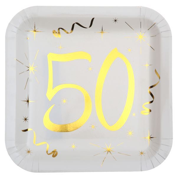 Imagens de Platos 50 Cumpleaños Blanco Dorado cartón 23cm (10 unidades)