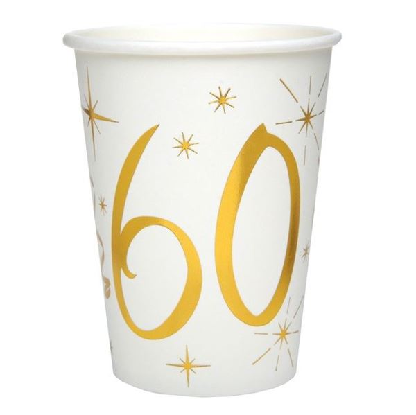 Imagen de Vasos 60 Cumpleaños Blanco Dorado cartón (10 unidades)
