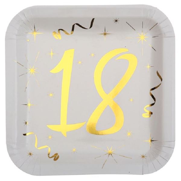 Imagen de Platos 18 Cumpleaños Blanco Dorado cartón 23cm (10 unidades)