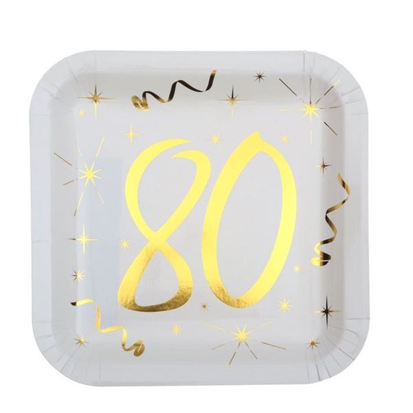 Picture of Platos 80 Cumpleaños Blanco Dorado cartón 23cm (10 unidades)