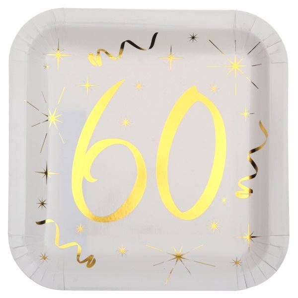 Imagen de Platos 60 Cumpleaños Blanco Dorado cartón 23cm (10 unidades)