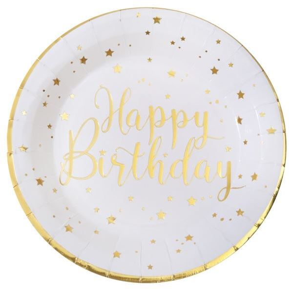 Imagens de Platos Happy Birthday Blanco Dorado cartón 23cm (10 unidades)