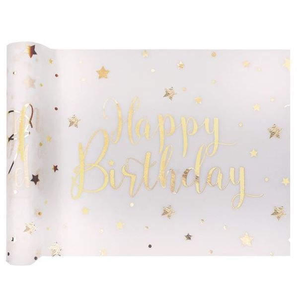 Imagens de Camino de Mesa Happy Birthday Blanco Dorado Tela (5m)