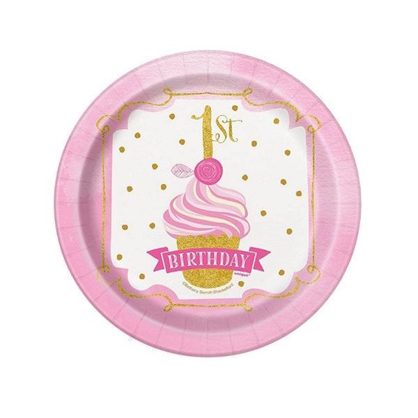 Picture of Platos Primer Cumple Cupcake Rosa cartón 17cm (8 unidades)