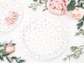 Imagen de Platos Blancos Puntos Rosa Dorados cartón 18cm (6 unidades)