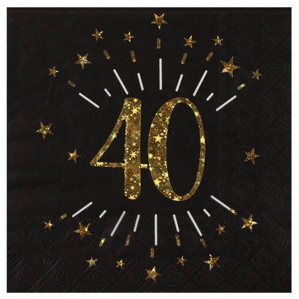 Imagens de Servilletas 40 Cumpleaños Negro/Dorado papel 33cm (10 unidades)