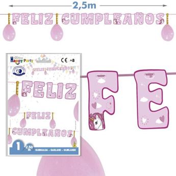 Imagen de Guirnalda Feliz Cumpleaños Letras Unicornio Rosa (2,5m)