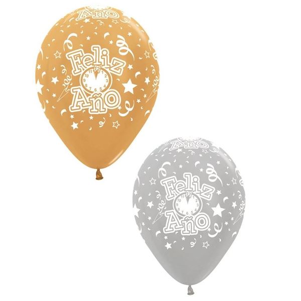Imagen de Globos Feliz Año dorado y plateado (12 unidades)