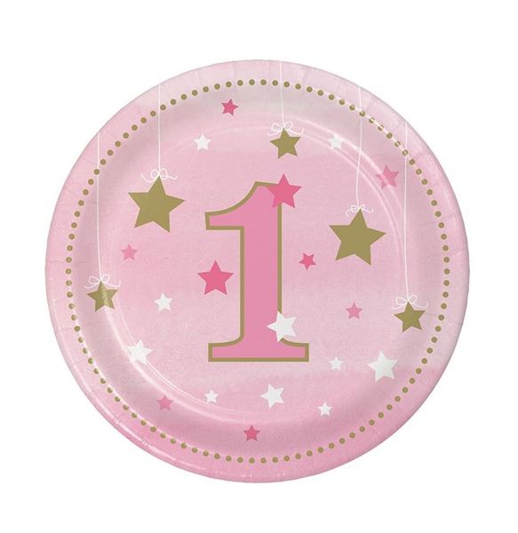 Picture of Platos Primer Añito Rosa Estrellas cartón 18cm (8 unidades)
