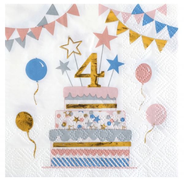 Servilletas 4 Años Cumpleaños 25cm (20 uds.)✔️ por sólo 3,51 €. Envío en  24h. Tienda Online. . ✓. Artículos de  decoración para Fiestas.