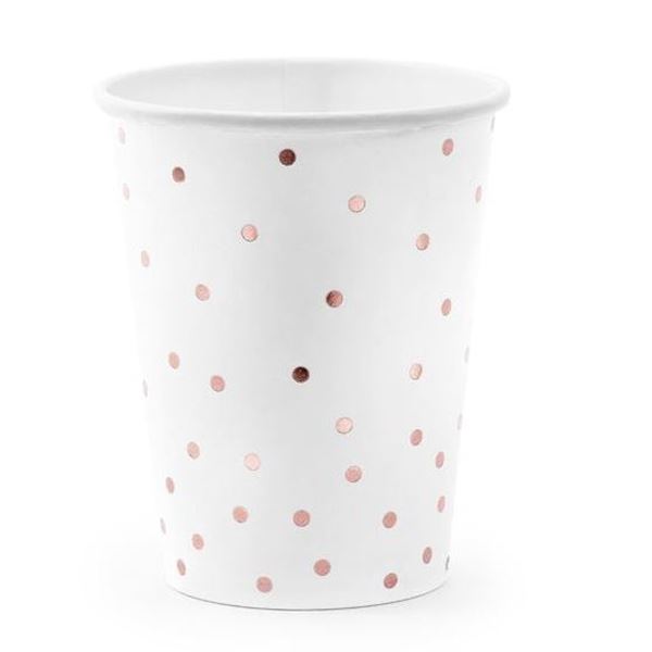 Imagen de Vasos Blancos Puntos Rosa Dorados cartón 260ml (6 unidades)