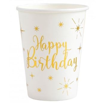 Imagen de Vasos Happy Birthday Blancos Estrellas Doradas cartón (10 unidades)