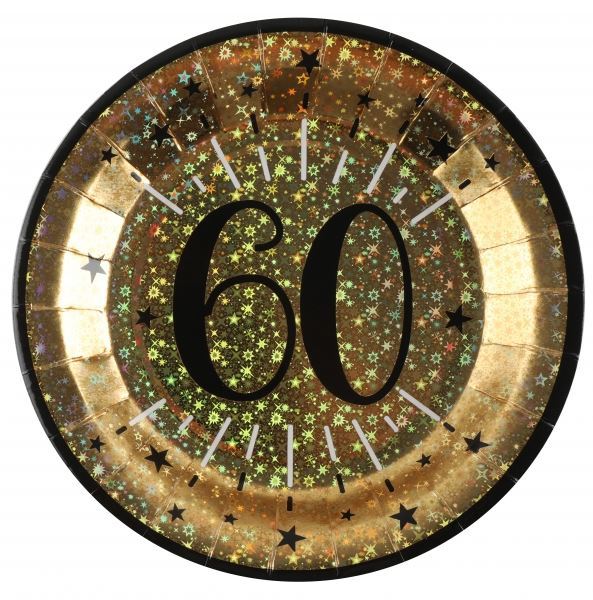 Imagens de Platos 60 Cumpleaños Negro/Dorado cartón 23cm (10 unidades)