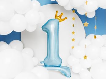 Imagen de Globo Número 1 Azul Claro Corona con Base (84cm)