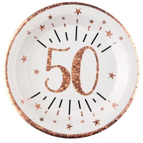 Imagens de Platos 50 Cumpleaños Rosa Dorado Sparkling cartón 22cm (10 unidades)