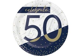 Imagen de Platos 50 Años Azul y Dorado cartón 18cm (8 unidades)