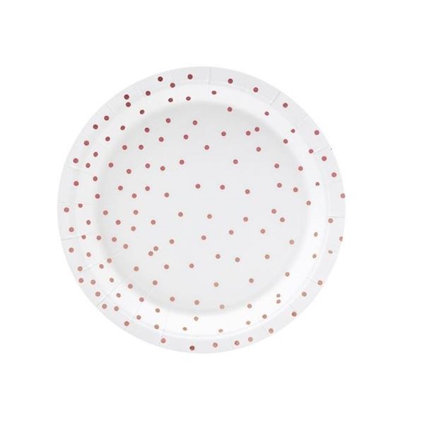 Imagen de Platos Blancos Puntos Rosa Dorados cartón 18cm (6 unidades)