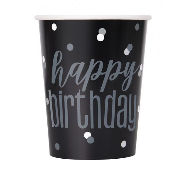 Picture of Vasos Happy Birthday Negro y Plata (8 uds)