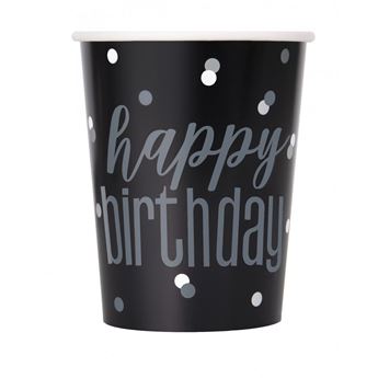 Picture of Vasos Happy Birthday Negro y Plata cartón (8 unidades)