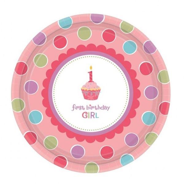 Picture of Platos Primer Cumple Cupcake Rosa cartón 26cm (8 uds.)