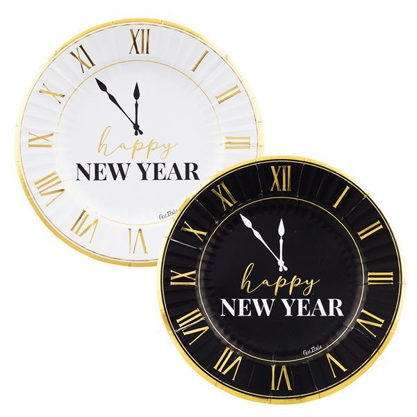 Imagen de Platos Happy New Year Reloj Mix cartón 23cm (8 unidades)