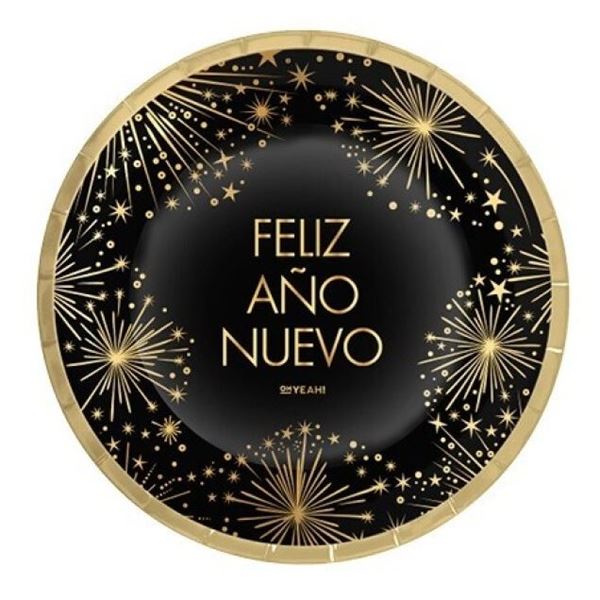Imagens de Platos Feliz Año Nuevo Dorados Destellos cartón 23cm (6 unidades)