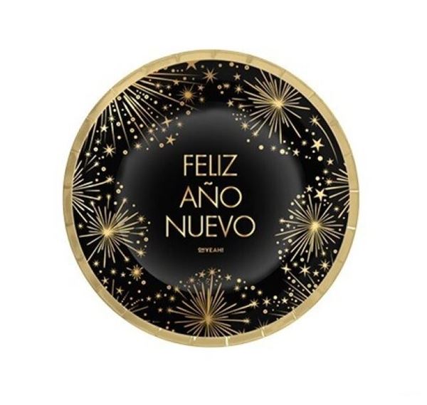 Imagens de Platos Feliz Año Nuevo Dorados Destellos cartón 17cm (8 uds.)