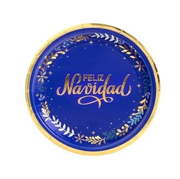Imagens de Platos Feliz Navidad Azul Noche cartón 18cm (8 unidades)