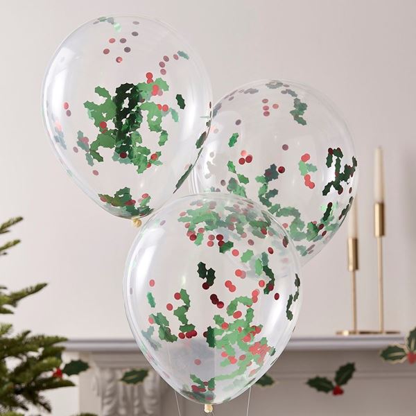 Imagen de Globos Confeti Navideños Acebo y Bayas (5 uds.)