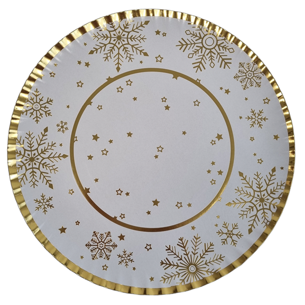Picture of Bandeja Redonda Copos de Nieve Oro cartón 30cm (1 ud.)