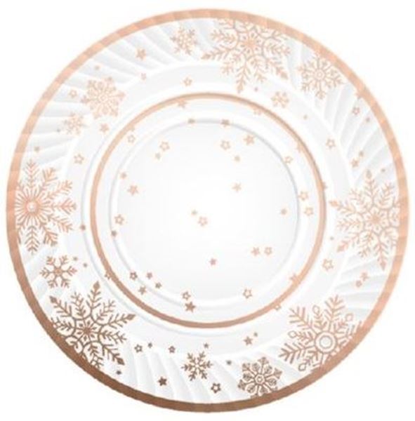 Imagen de Bandeja Redonda Copos de Nieve Rosa Dorado cartón 30cm (1 ud.)