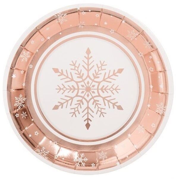 Imagen de Platos Copos de Nieve Rosa Dorado cartón 23cm (6 uds.)