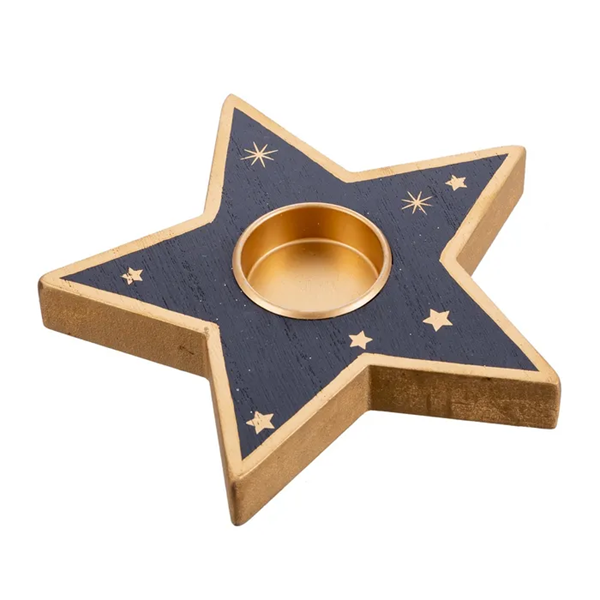 Imagens de Portavelas Madera Estrella Azul Dorado Grande (15cm)