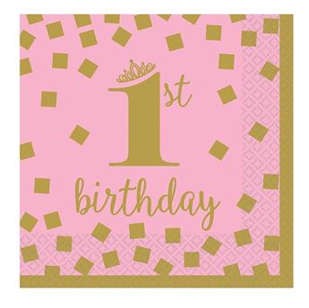 Imagen de Servilletas 1 Año Corona Rosa papel 25cm (16 unidades)
