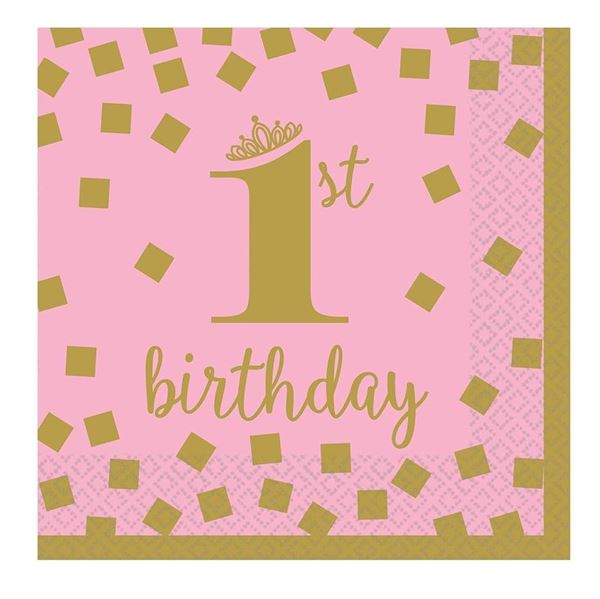 Picture of Servilletas 1 Año Corona Rosa papel 25cm (16 unidades)