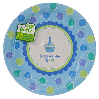 Imagen de Platos Primer Cumple Cupcake Azul cartón 26cm (8 unidades)