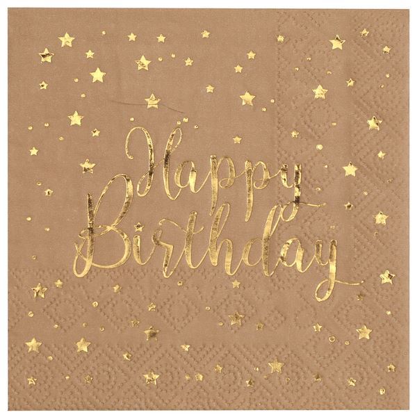 Imagen de Servilletas Happy Birthday Kraft Dorado papel 25cm (20 unidades)