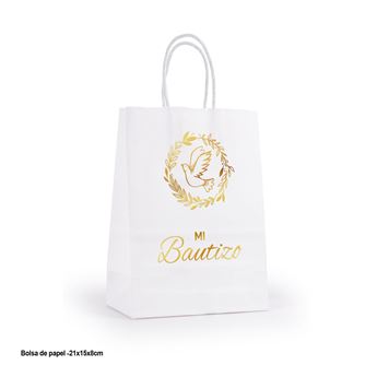 Imagen de Bolsa Regalo Mi Bautizo Blanca Letra Dorada (21cm x 16cm)