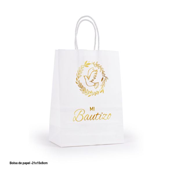 Imagen de Bolsa Regalo Mi Bautizo Blanca Letra Dorada (21cm x 16cm)