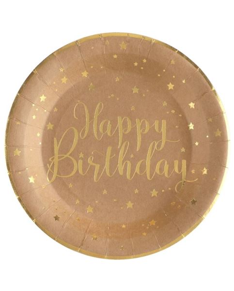 Imagens de Platos Happy Birthday Kraft Dorado cartón 22,5cm (10 unidades)