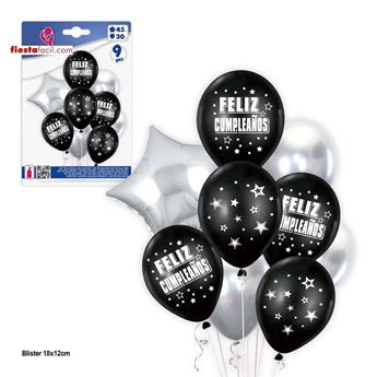 Imagen de Bouquet de Globos Feliz Cumpleaños Corona Negros y Plateados (9 unidades)