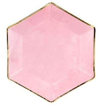 Picture of Platos Rosas Hexagonales Borde Dorado 23cm (6 unidades)