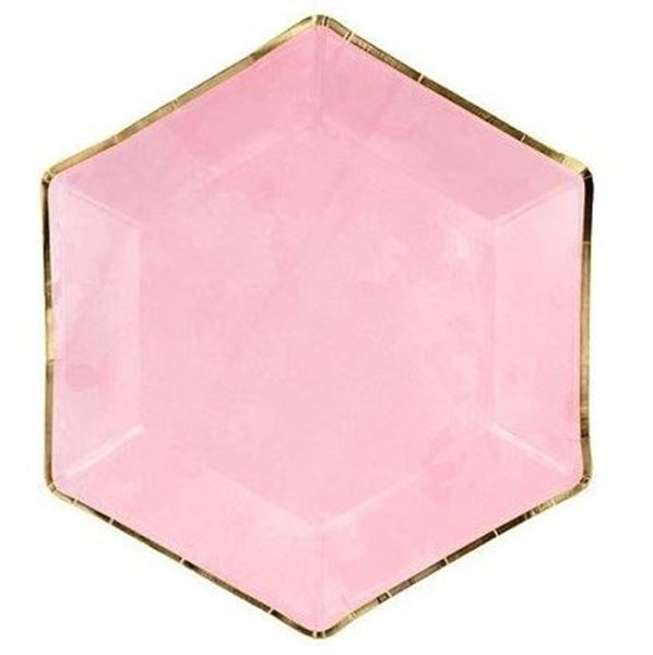 Picture of Platos Rosas Hexagonales Borde Dorado 23cm (6 unidades)