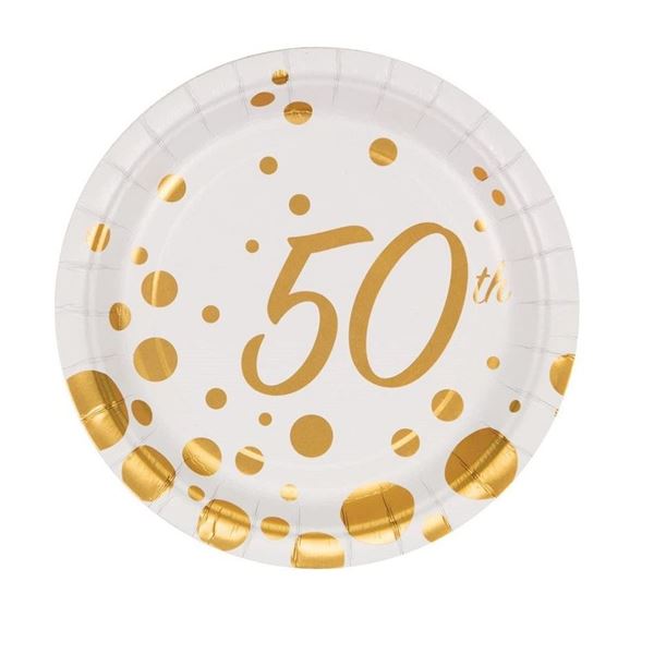 Imagen de Platos 50 Aniversario Dorados Postre cartón 18cm (8 unidades)