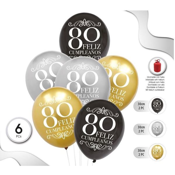 Picture of Globos 80 Años Feliz Cumpleaños Mix (6 unidades)