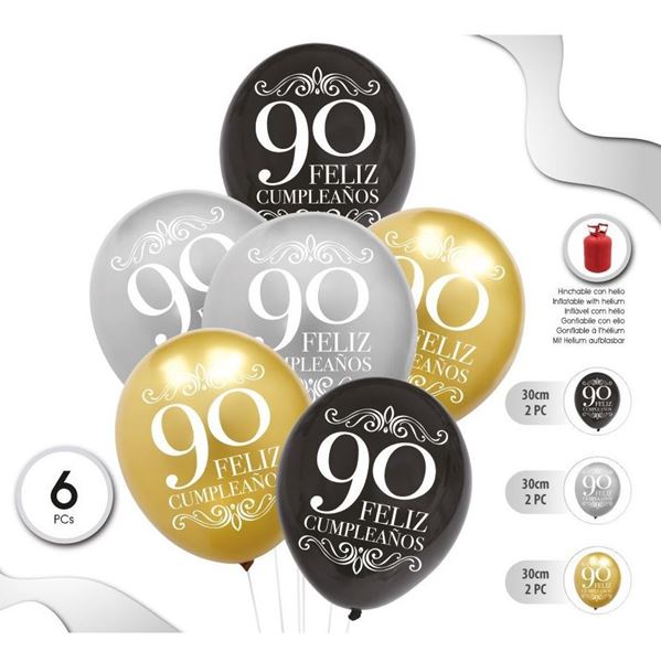 Imagen de Globos 90 años Feliz Cumpleaños Mix (6 unidades)