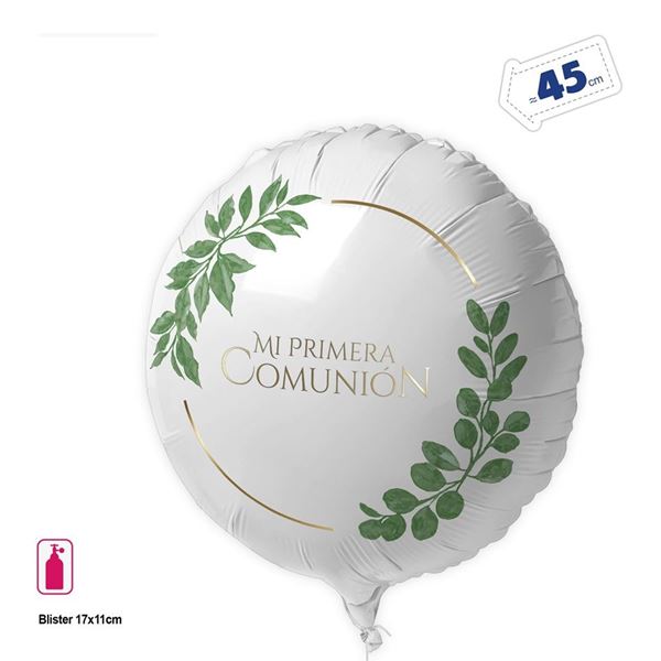 Picture of Globo Mi Primera Comunión Aro Dorado con Hojas Verdes (45cm)