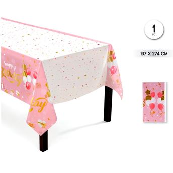 Imagen de Mantel Happy Birthday Infantil Rosa y dorado Plástico 137cm x 274cm